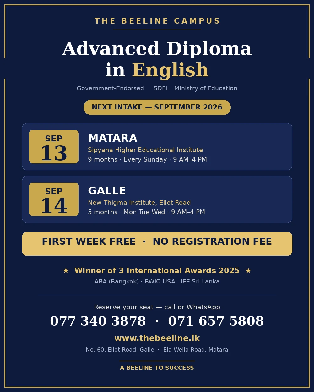 The Beeline Campus — Next Intake September 2026, Advanced Diploma in English. First week free.